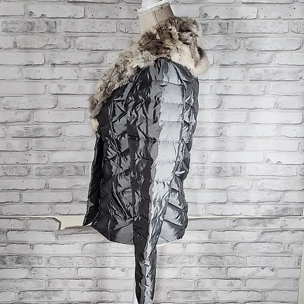 Bebe Rabbit Fur Trimmed Silver Puffer Jacket Coat
